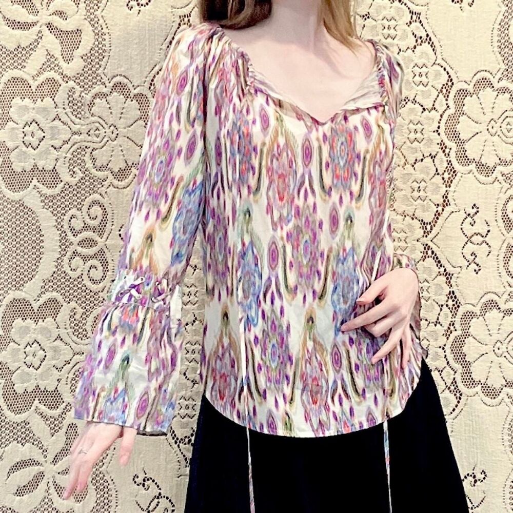 Etcetera Women's Silk Blend Acid Drop Tie Dye Dopamine Ikat Print Rainbow Blouse
